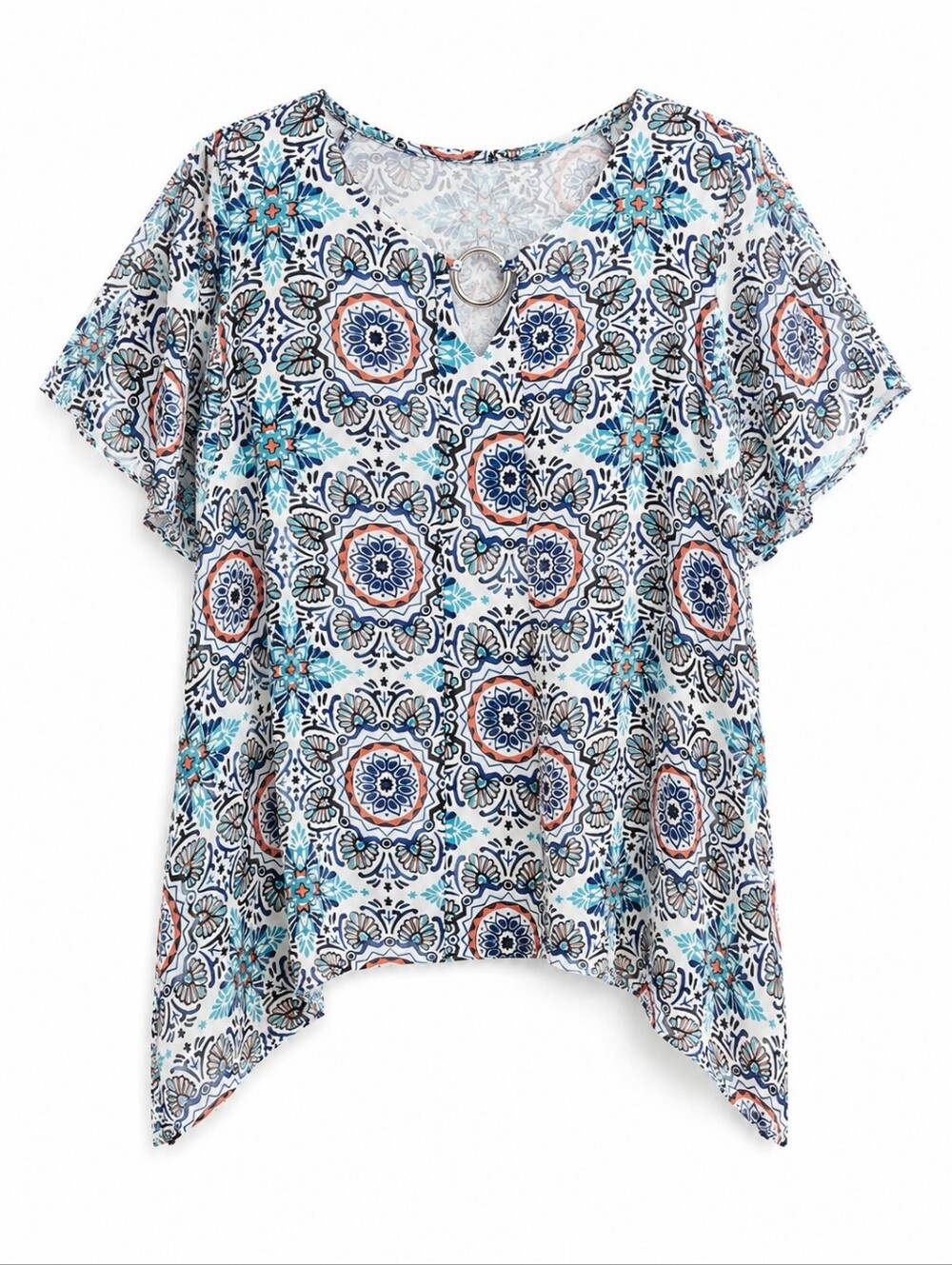 NY Collection V-Neck Tunic Blouse with Ring, Size Large